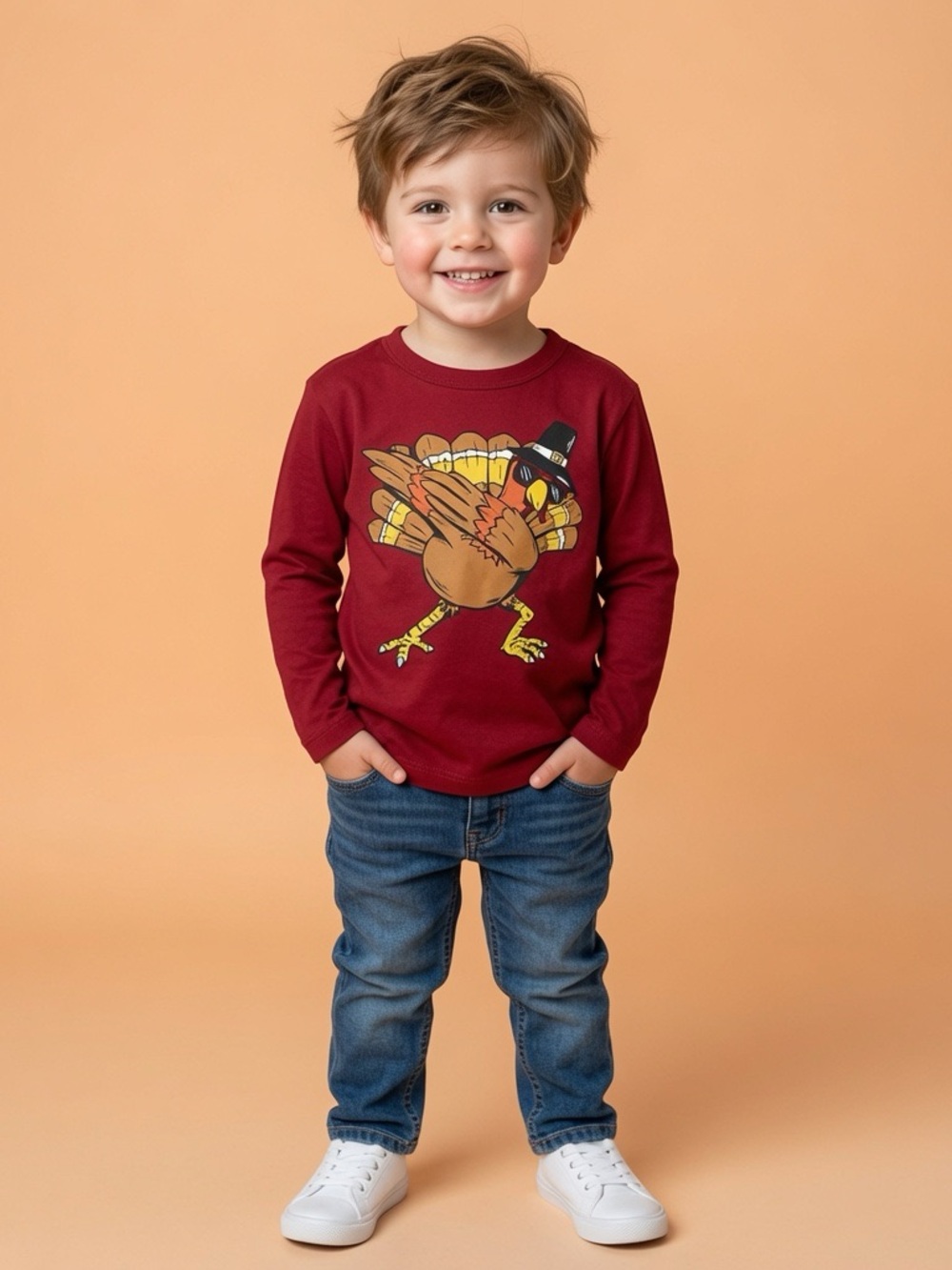 Place Burgundy Long-Sleeve Tee with Turkey Graphic